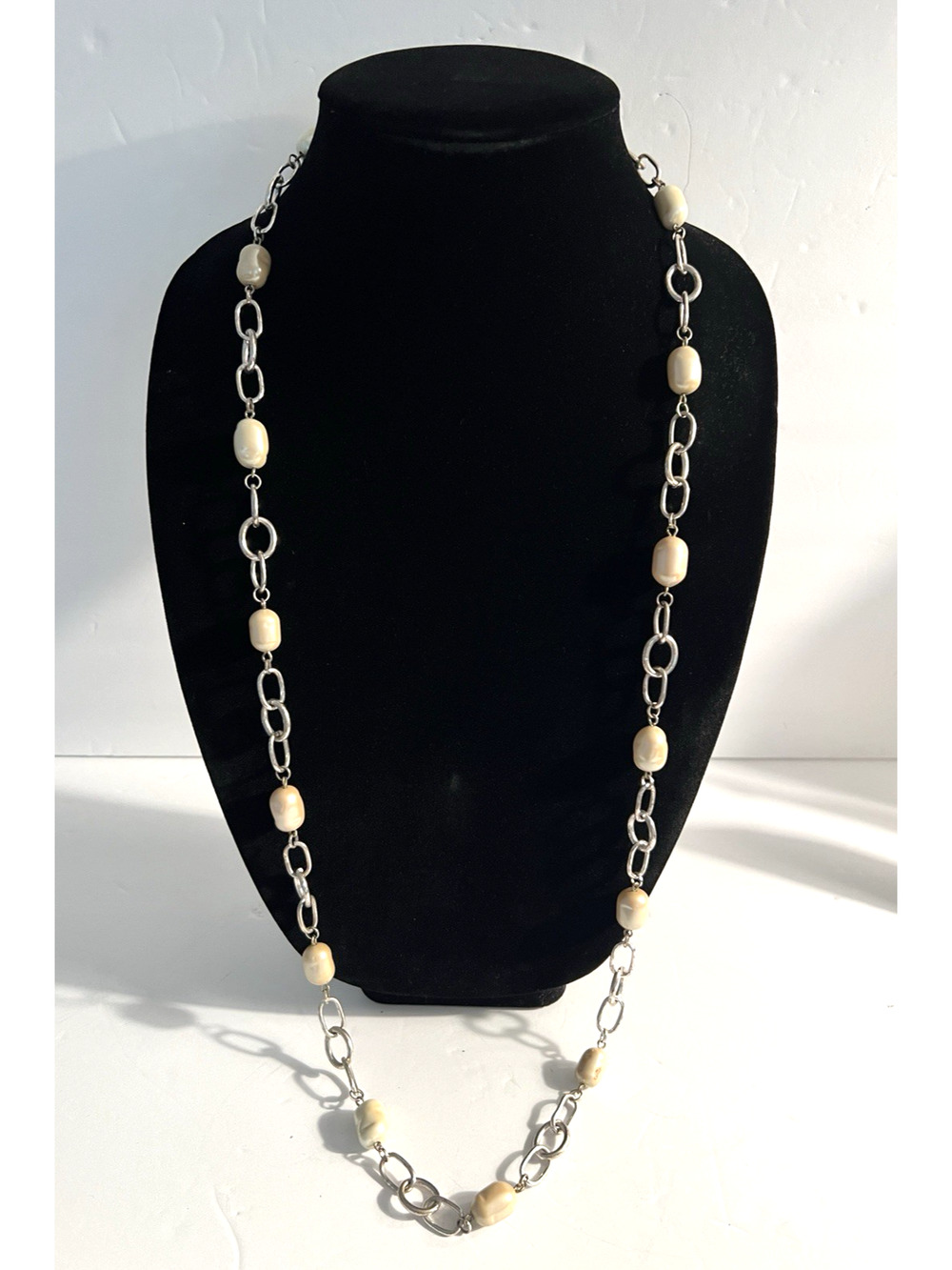 Designer CAROLEE Signed Necklace Creamy Baroque Pearl Long Chain Silver Plated